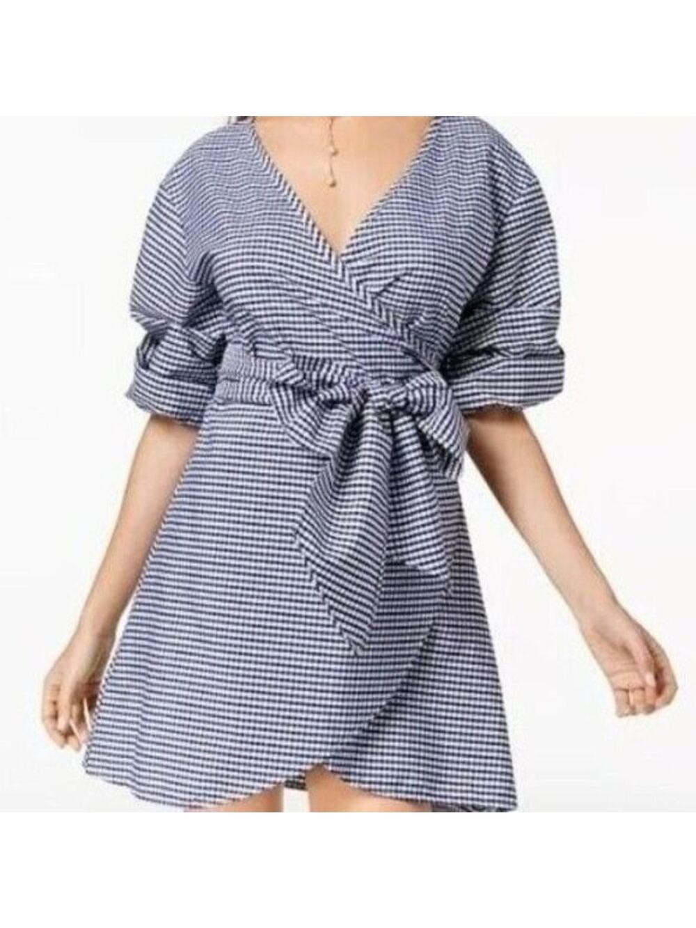 The Edit by Seventeen Junior Medium Wrap Dress Blue White Gingham Self Tie Belt